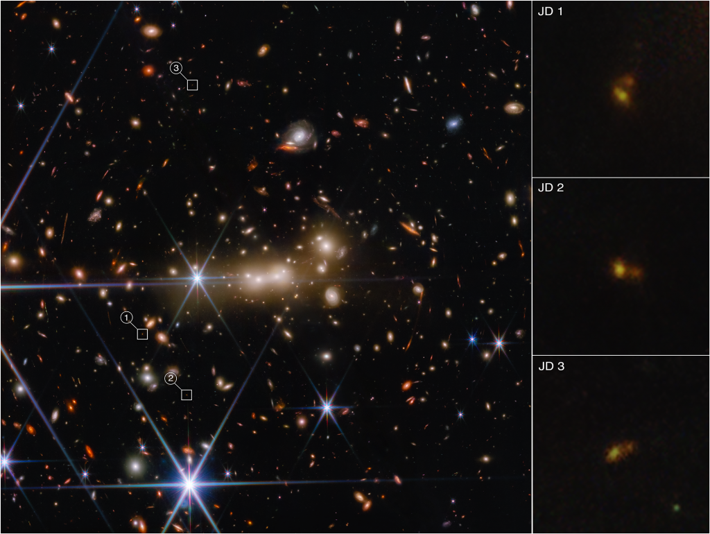 Le télescope spatial James Webb de la NASA a été spécialement conçu pour détecter la faible lumière infrarouge des galaxies très éloignées et donner aux astronomes un aperçu de l'univers primitif. La nature des galaxies au cours de cette première période de notre univers n'est pas bien connue ni comprise. Mais avec l'aide de la lentille gravitationnelle d'un amas de galaxies au premier plan, les galaxies d'arrière-plan peu lumineuses peuvent être agrandies et également apparaître plusieurs fois dans différentes parties de l'image.